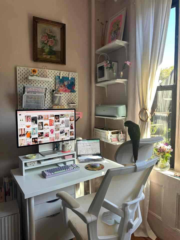 Small home office in white and brown tones featuring a white desk, ergonomic office chair, wall shelves with organized storage, and a parrot perched by the window, creating a cozy atmosphere