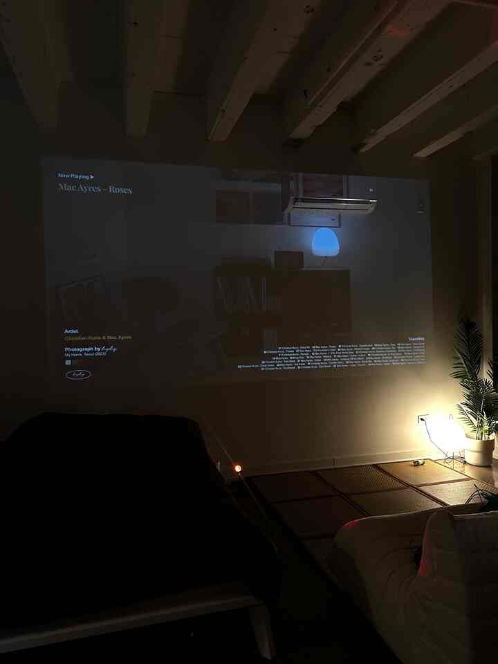 Dark-lit studio apartment with natural tones and wood mats, featuring a bed and Togo lounge chair in a Japandi style setting