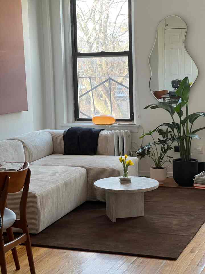 I went with a darker colored rug for this space ❣️ #apartmentinspo #colorfulhome #livingroom