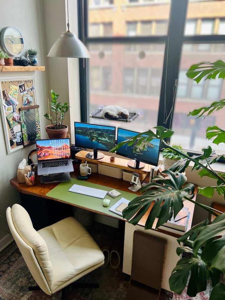 A natural-toned home office featuring a large wooden desk, dual monitors, office chair, numerous plants, and a cat sleeping on a window perch creating a cozy atmosphere