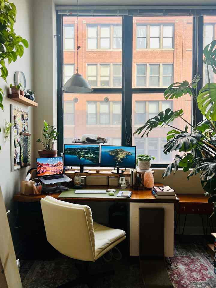 Natural toned home office featuring a large desk with dual monitors and a cat resting by the window, creating a cozy workspace