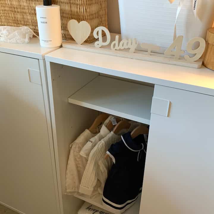 There are so many great IKEA finds for the nursery! Especially for baby wardrobes—just add an extension rod for an easy hack! #NurseryHack #IKEAFinds #BabyRoomDecor