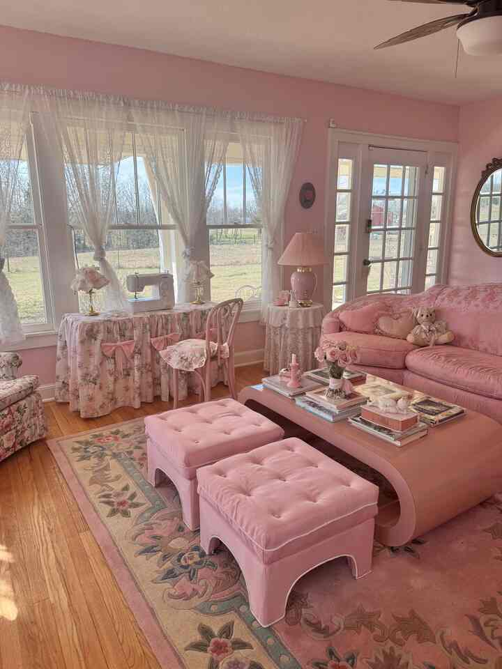 I just made a ruffle table skirt for my new sewing table in our living room! Sewing with this view of the windows looking out into our front yard brings me so much peace 💗🌸￼ #pink #shabbychic #retro #vintage #florals 