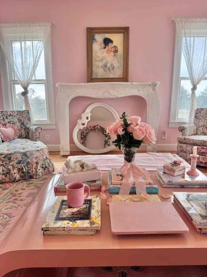 I really need to hang that white heart mirror, but I can’t decide if I like the angel art or the heart mirror better above the mantle 💭🎀💕 #pink #shabbychic #coquette #vintage #livingroom