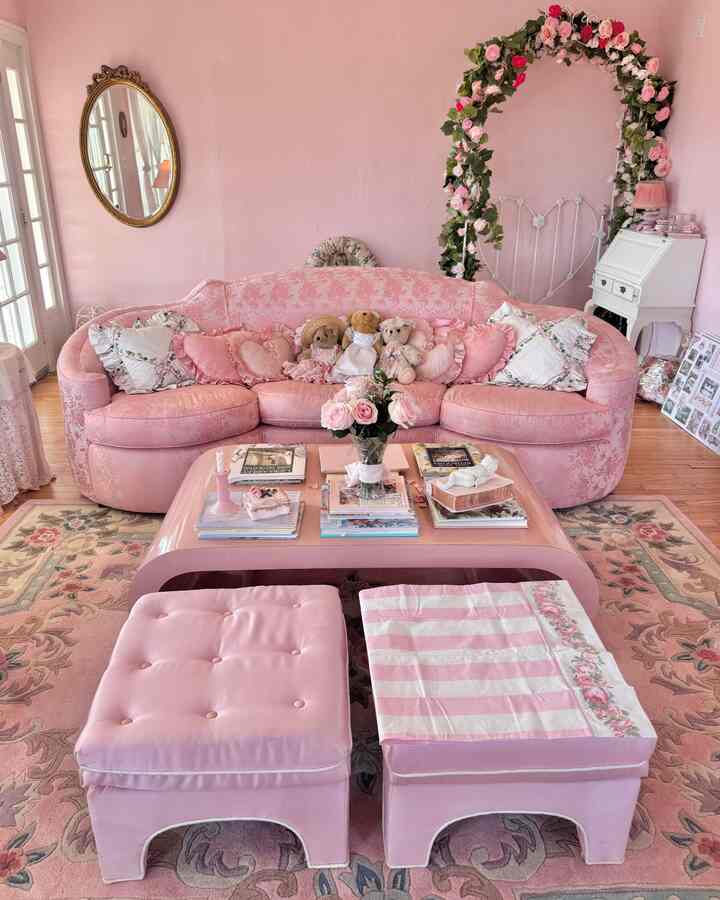 Hanging up a large white heart mirror behind this sofa soon - can’t wait to reveal <3 #pink #shabbychic #cottagecore #vintage #livingroom