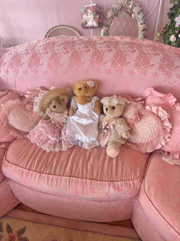 My vintage teddy bear collection 🧸🎀🌸 #pink #vintage #teddybear #pinksofa #shabbychic #cottagecore 