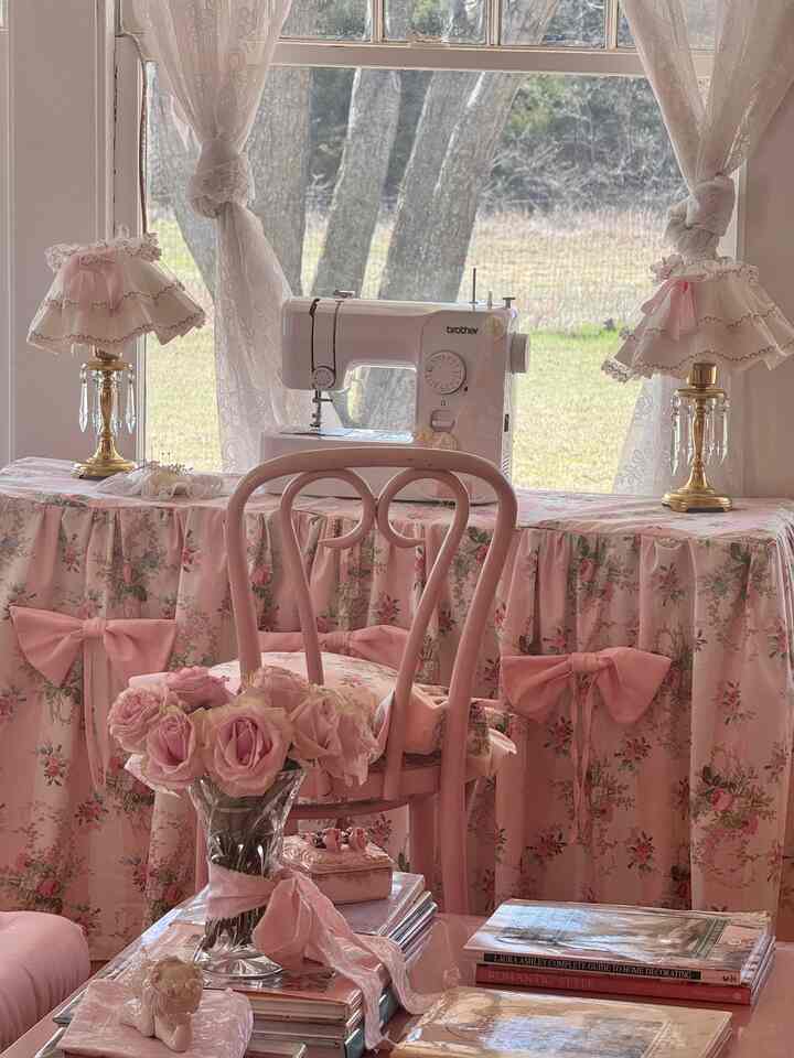 My sewing station - love the view looking outside the window into our front yard 🌸🕊️ #pink #shabbychic #cottagecore #vintage #livingroom