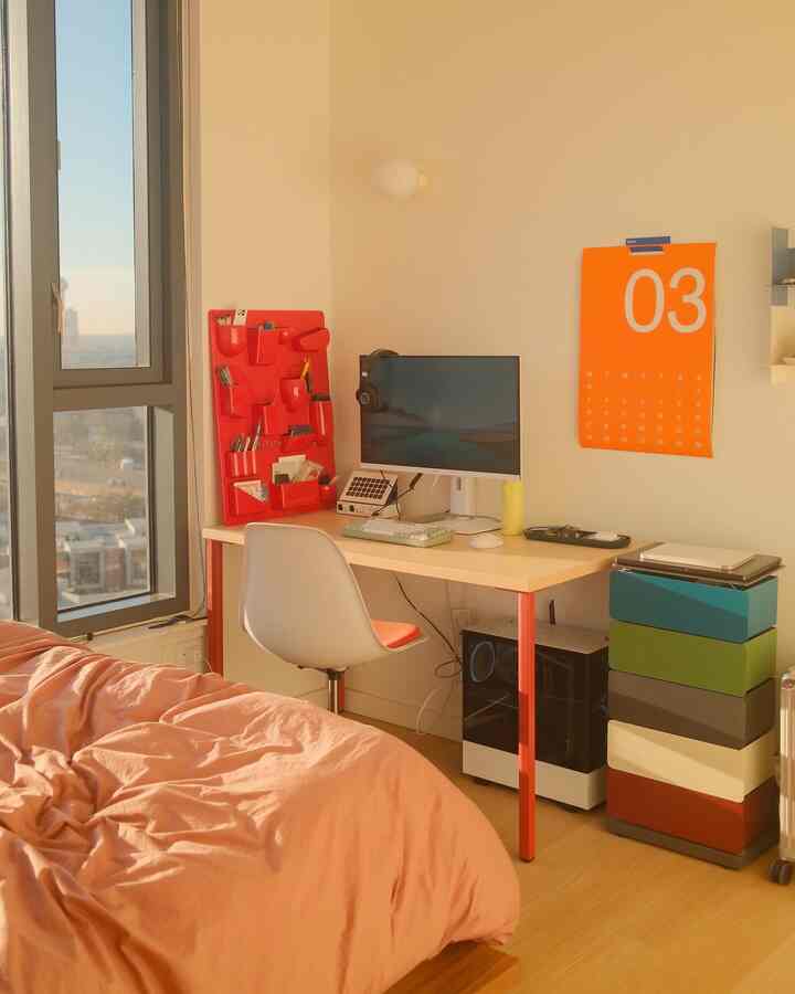 my colorful bedroom with wood tones and natural light #bedroom #highrise #apartment