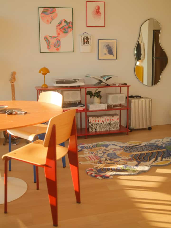 another angle of my dining and music setup with bright colors and wood tones #vinyl #music #art