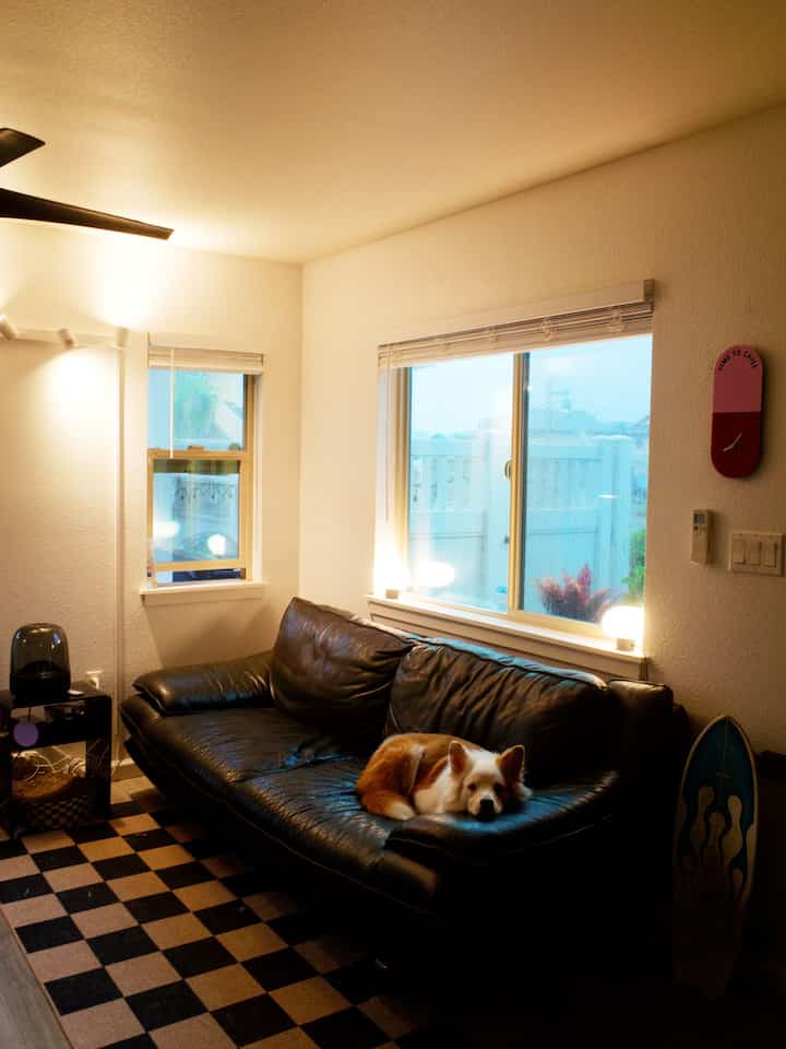 Cozy & functional ✨ This small living room feels just right! The checkered jute carpet is washable (a lifesaver for dog owners 🐶), and little details—like this acrylic pink clock—add personality. 💕 #SmallSpaceStyle #CozyLiving #DogFriendlyDecor