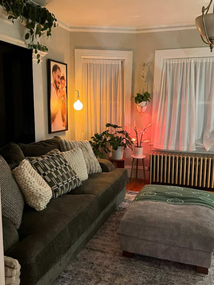 Cozy living room featuring dark green sofa, plants, and warm lighting creating a comfortable ambiance