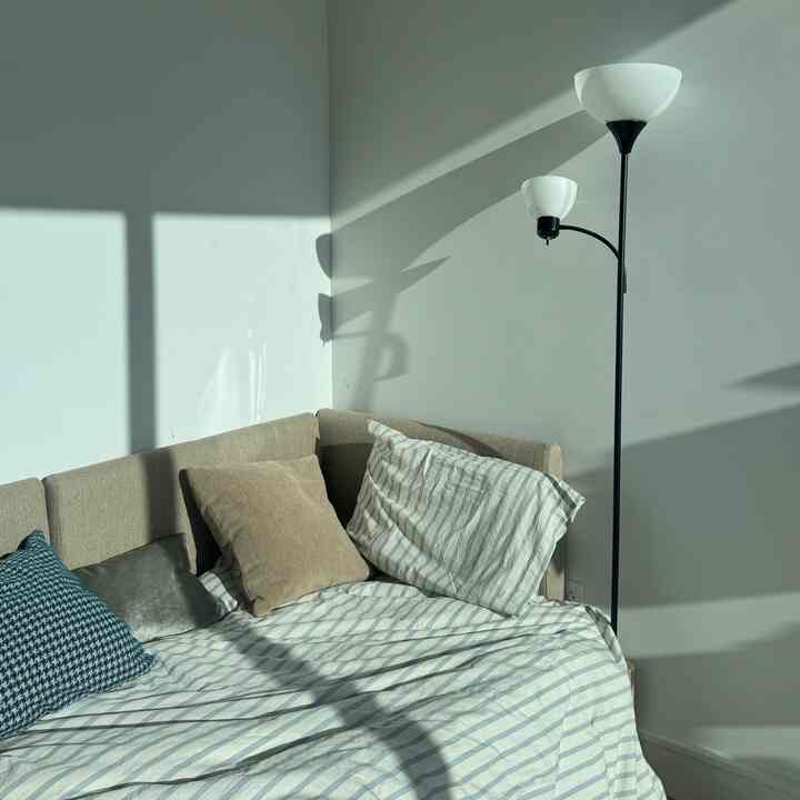 White and beige toned bedroom featuring a sofa bed with pillows and striped bedding alongside a floor lamp, embodying simplicity and natural light