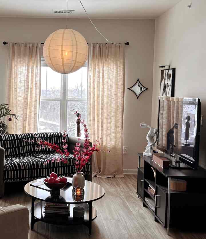 Natural color and white toned living room featuring patterned black sofa and coffee table with a cozy ambiance