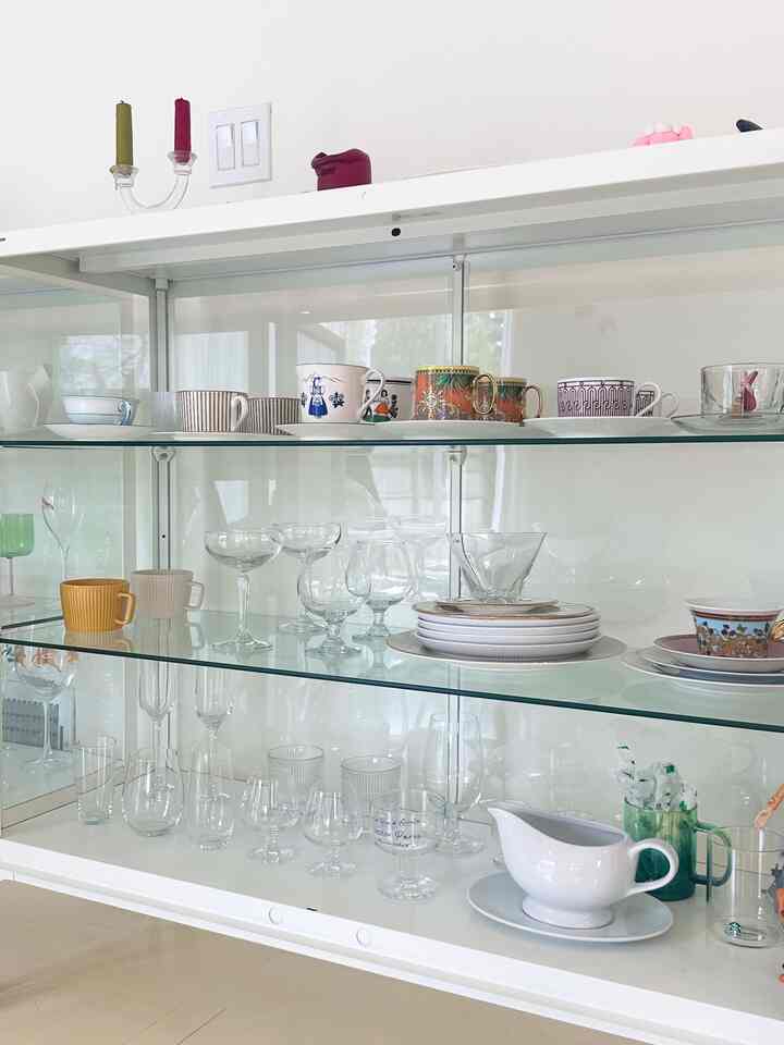 I just finished cleaning up my dish cabinet, and it looks so neat and organized now!

#dish #dishcabinet #cabinet #cleaning #ikea #wineglass #coffeecup #cup #cupboard 