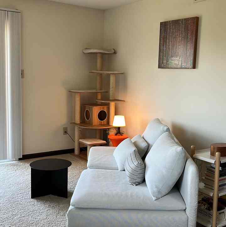 White-toned living room featuring central sofa and cat tower with a clean layout