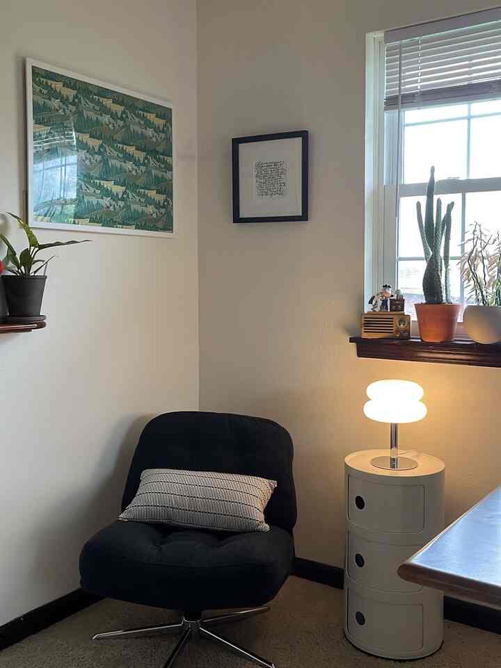 White-toned living room corner featuring a black armchair, white cylindrical storage table with table lamp, and plants on the window side in a cozy setting