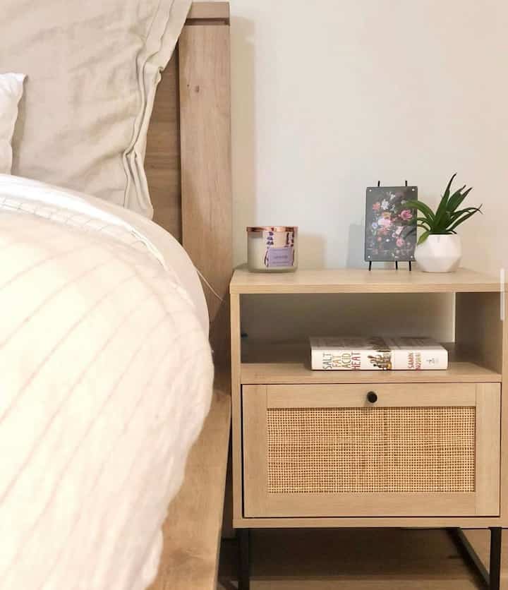 I wanted my nightstand to have a space to store my stuff by the bed, and of course, it had to have a rattan door! 
#bedroom #nightstand #sidetable #bed #functional 