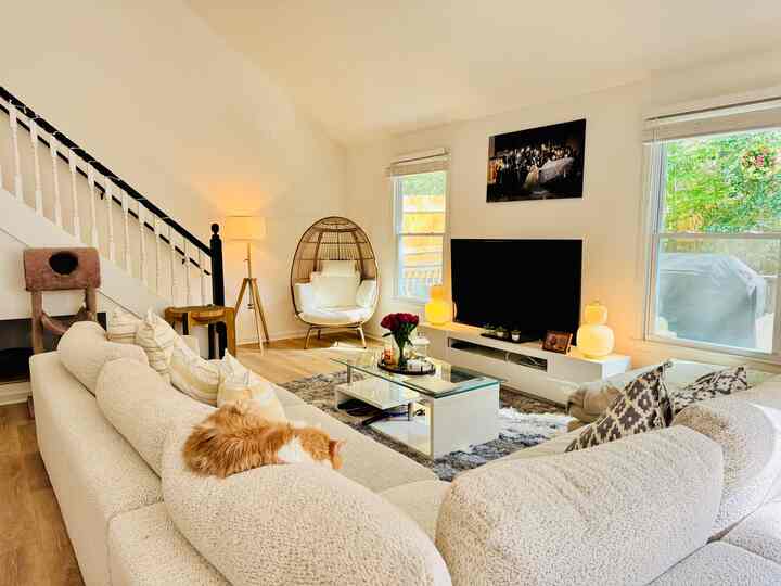 Bright living room in white and beige tones featuring sofa, coffee table, cat resting on sofa, evoking a natural modern ambiance
