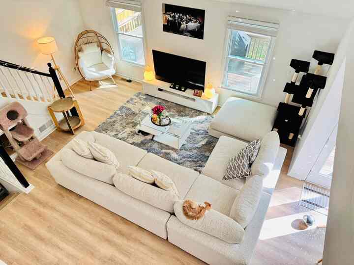 White and wood tone living room featuring sectional sofa, glass coffee table, and cat tower in a modern setting
