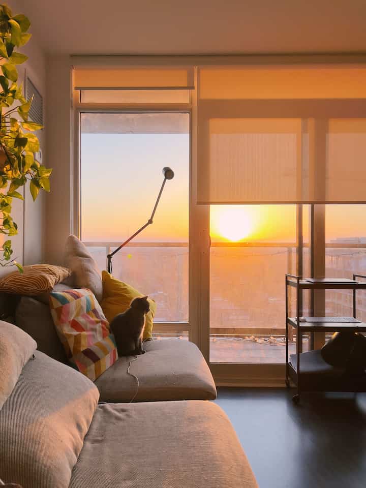Beige-toned apartment living room by balcony with a cat on sofa and floor lamp, creating a warm modern atmosphere