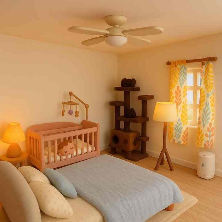 Warm natural color bedroom featuring a central bed, baby crib on left, and cat tower on right creating a cozy family space