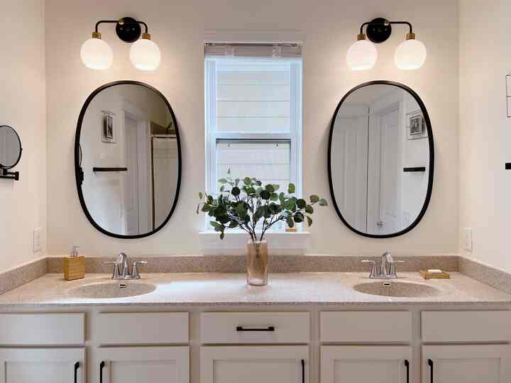 White-toned bathroom featuring double sinks with black-framed oval mirrors and natural green foliage centerpiece