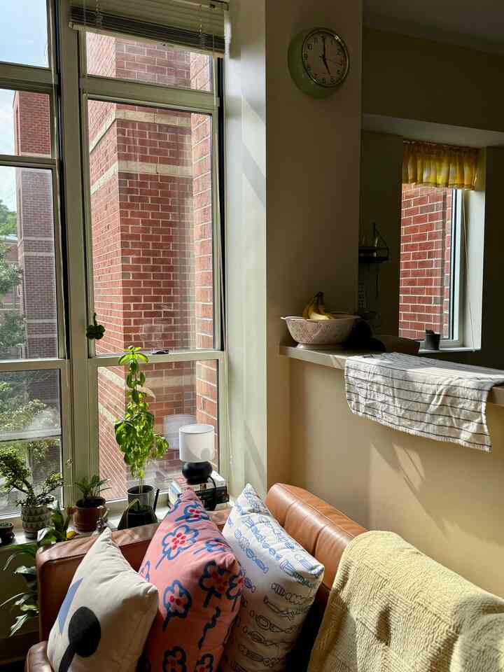 one side of living room 🌜

#livingroom #livingroominterior #wallclock #sofacushion #sofa #window