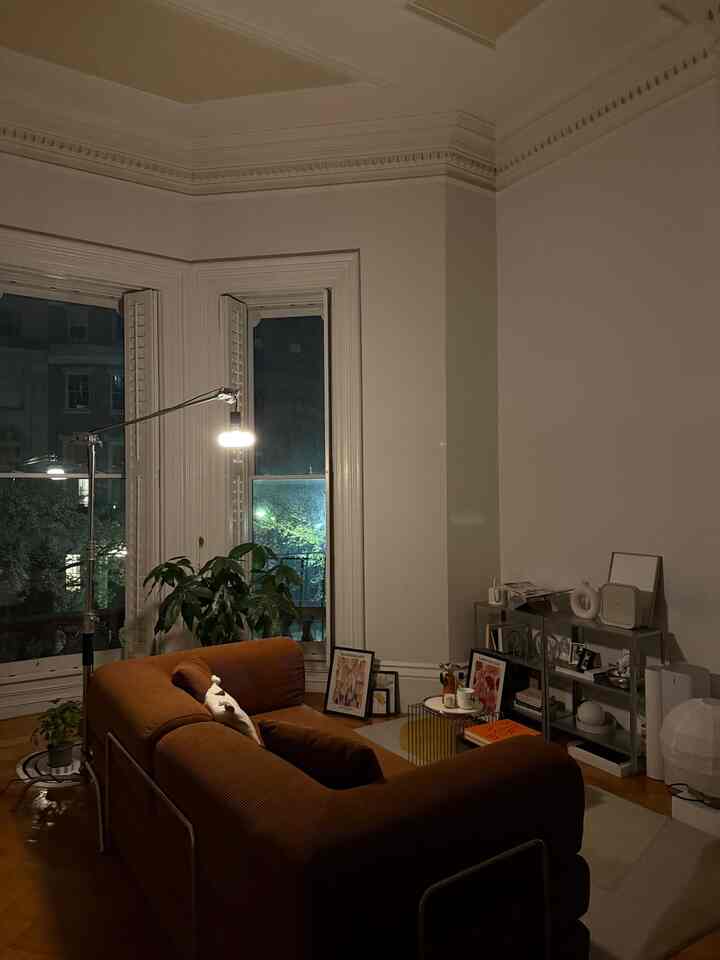 Brown sofa and metallic shelves in living room, ambient lighting creating a cozy atmosphere