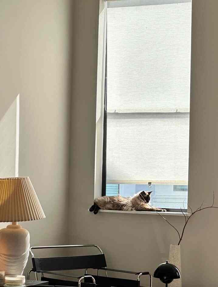 White and beige toned living room with a cat lounging on the windowsill and an industrial-style chair, creating a cozy atmosphere