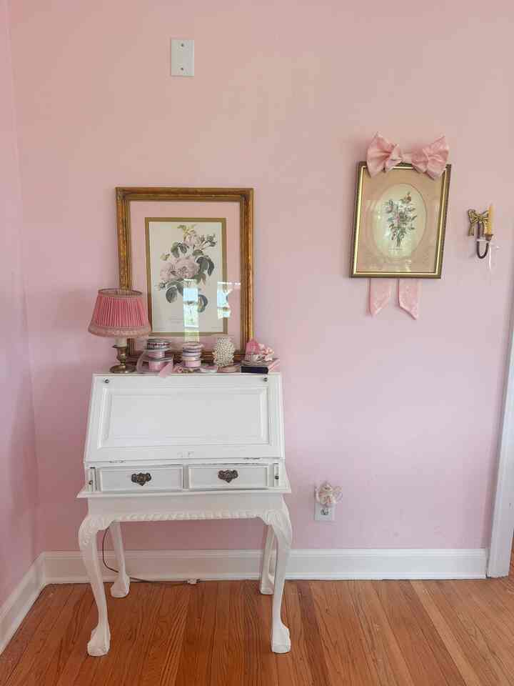 My current entry situation… 🌸💕 still in the works, but I have this gorgeous vintage white secretary desk that I can’t wait to decorate in this area! I love storing all my crafts and handwritten note essentials in here 💗✍🏼￼ #pink #desk #storage #entry #vintage 