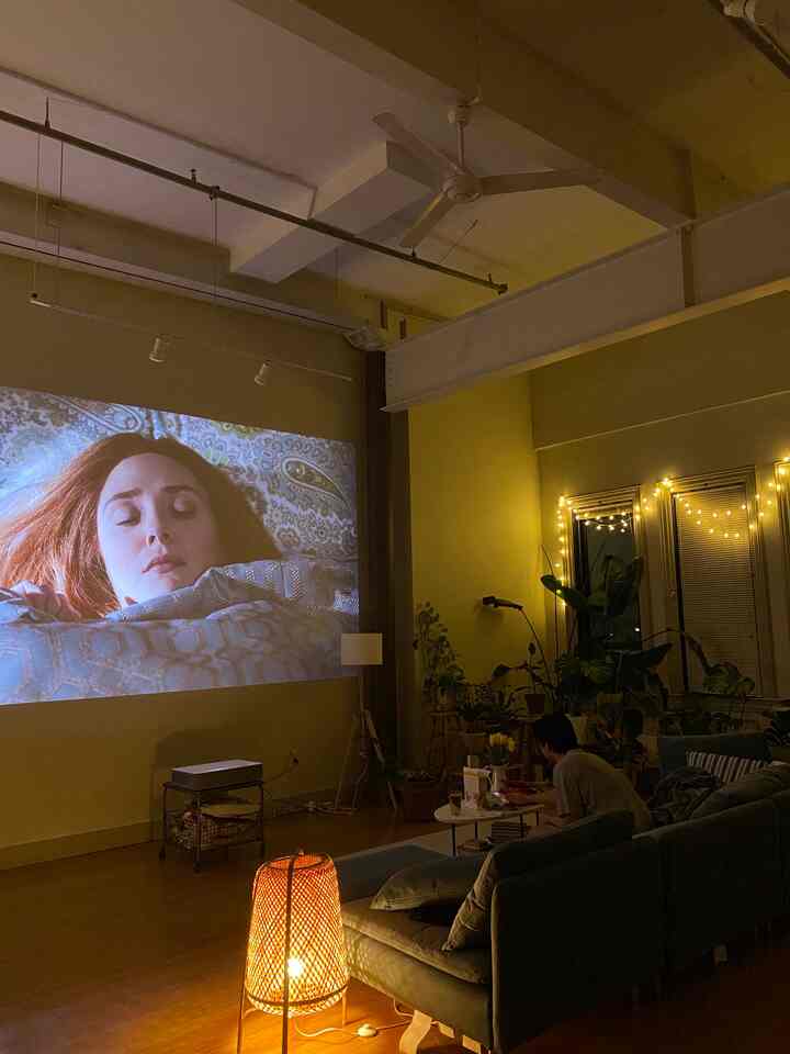 This is the loft where we used to live in Providence, Rhode Island. We have since moved out and begun a new chapter in an 1850s classic New England house, but we still miss this place a lot. It’s amazing how that blank wall can transform into a dazzling theater! ✨ 
#livingroom #projector #ikealighting #loft #floorlamp