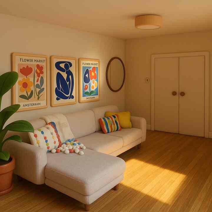 Warm natural-toned living room featuring beige sofa, colorful wall art, and a round mirror creating a cozy ambiance