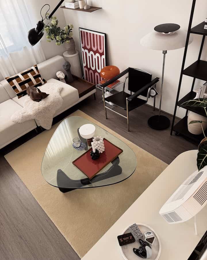 Soft beige and white toned Mid-Century Modern living room featuring black armchair, glass coffee table, and a pet dog creating cozy ambience