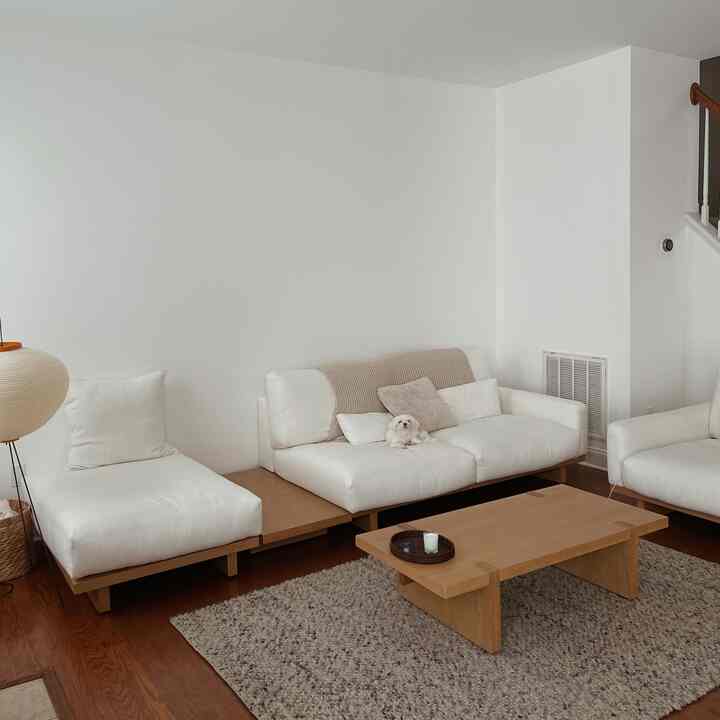 White and wood-toned living room featuring simple sofas, wooden coffee table, and a small dog resting comfortably in a minimal natural setting
