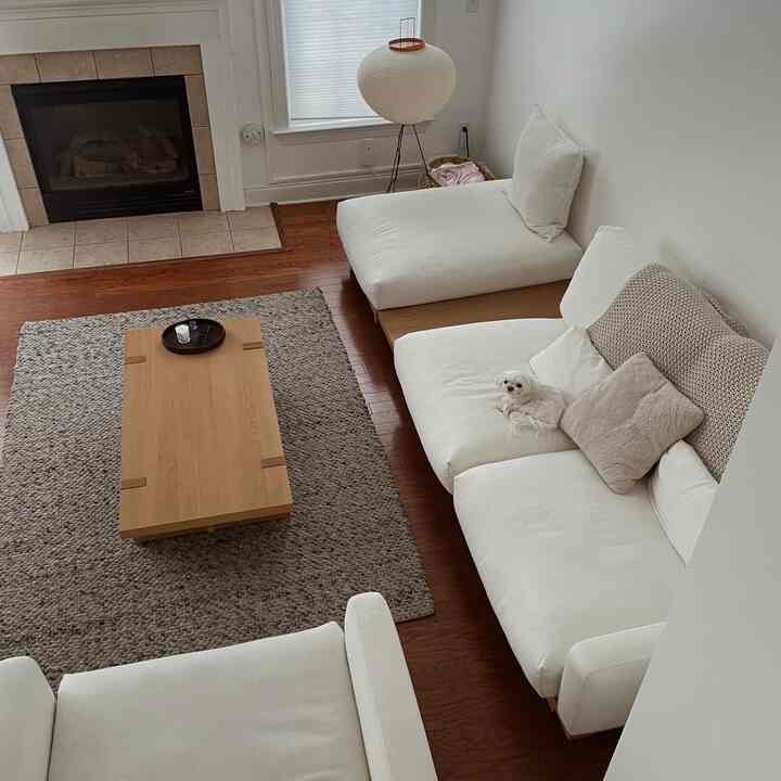 A white and brown toned living room featuring a sectional sofa, wooden coffee table, and a small dog resting, styled minimally with Japandi influence