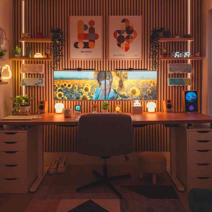 Warm brown wood-tone wall with white furniture creates a cozy home office featuring dual monitors and an office chair for productive work.