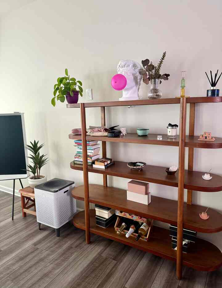 White-walled living room featuring a wood-toned bookshelf with plants and artistic objects, creating a cozy modern style