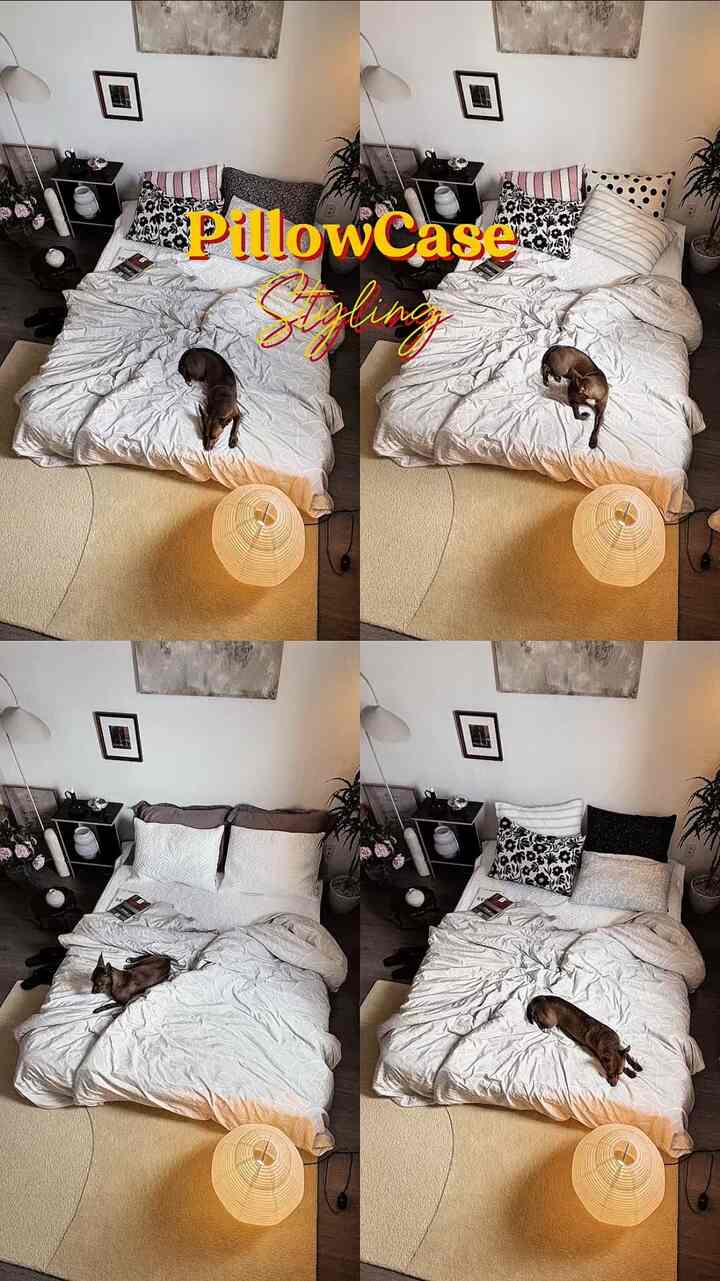 A white and beige toned bedroom featuring a central bed with styled pillows, beige rug, and a floor lamp creating a cozy atmosphere