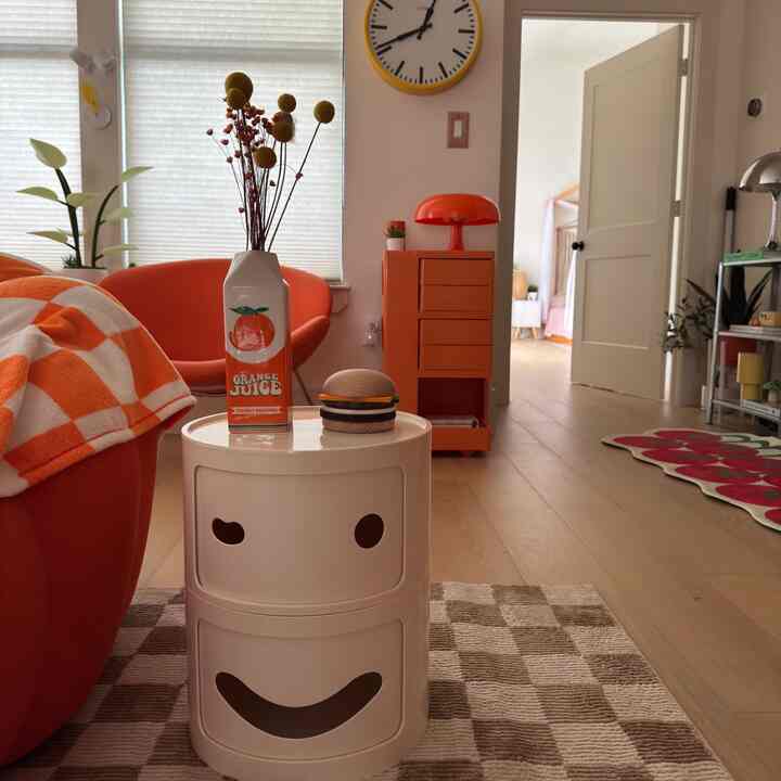Bright, lively living room featuring orange furniture and decor, a smiling storage unit with vintage-style vase, creating a cheerful atmosphere