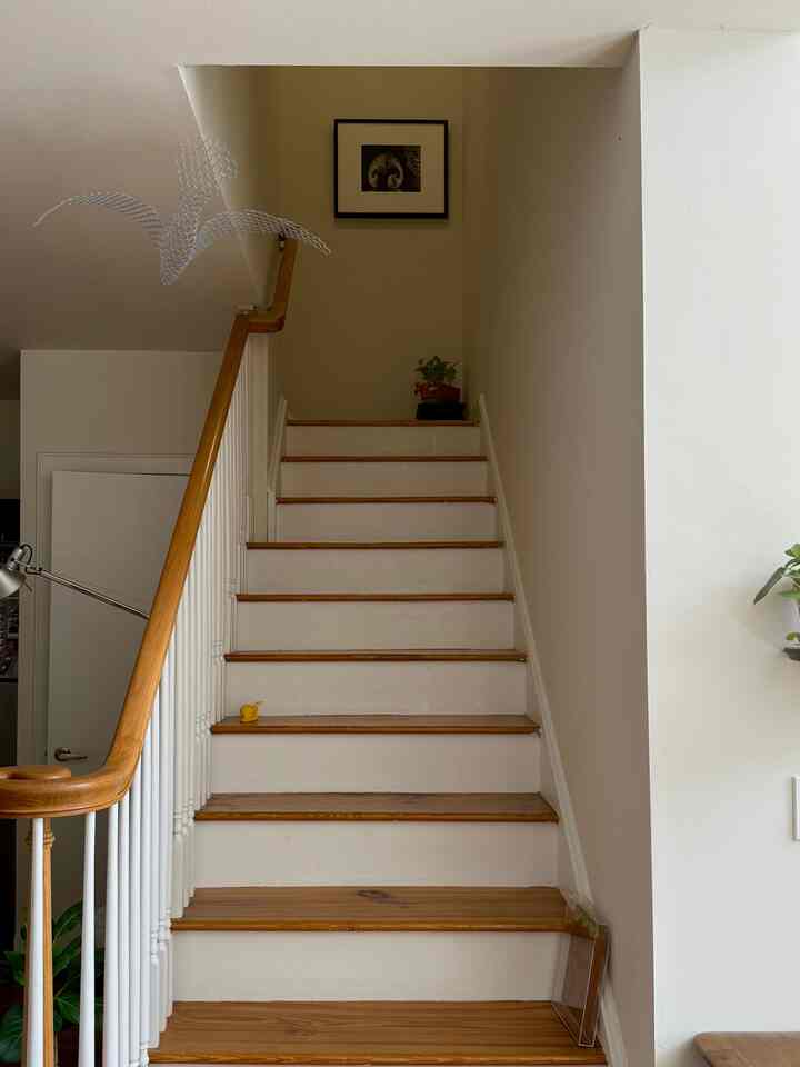 If you look closely, there is a small yellow snail hanging around on my stairs 🐌

#stairinterior #stairs #mobile #shelf #shelfie #woodshelf #entranceinterior #eclectic #aesthetic