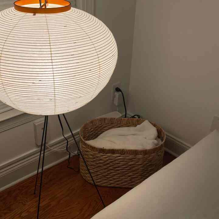 Natural-toned living room corner featuring a lit floor lamp and a woven pet bed creating cozy atmosphere