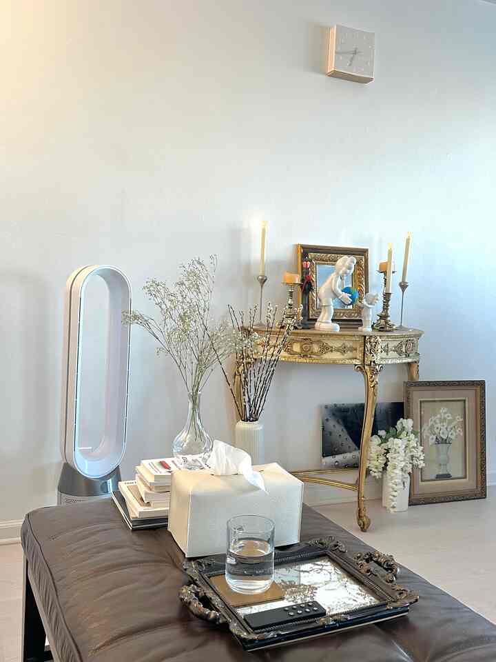 A white-walled studio apartment featuring brown leather bench with decorative tray, tissue box, and vases in French Country style