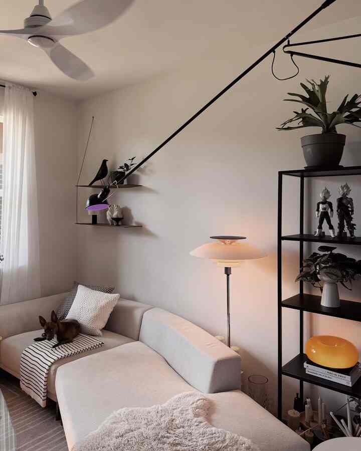 A white and gray toned living room featuring modern sofa, floor lamp, and shelves with plants and decor, creating a cozy atmosphere