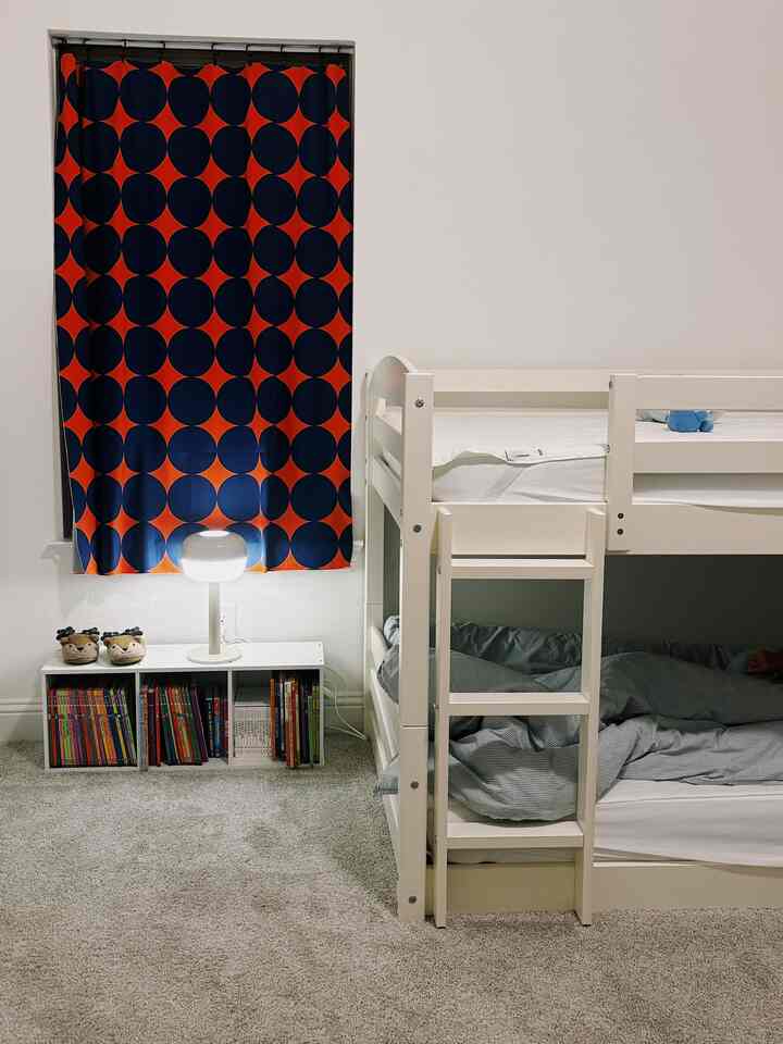 I love going to a fabric store when traveling abroad. This piece of Marimekko fabric I stumbled upon in Kyoto has been my favorite window covering for so many years now!

I have a son but I opted to get a bunk bed in case his friends come over. Meanwhile, all his favorite stuffies get to sleep on the top bed.

#fabric
#windowcovering
#kidsroom