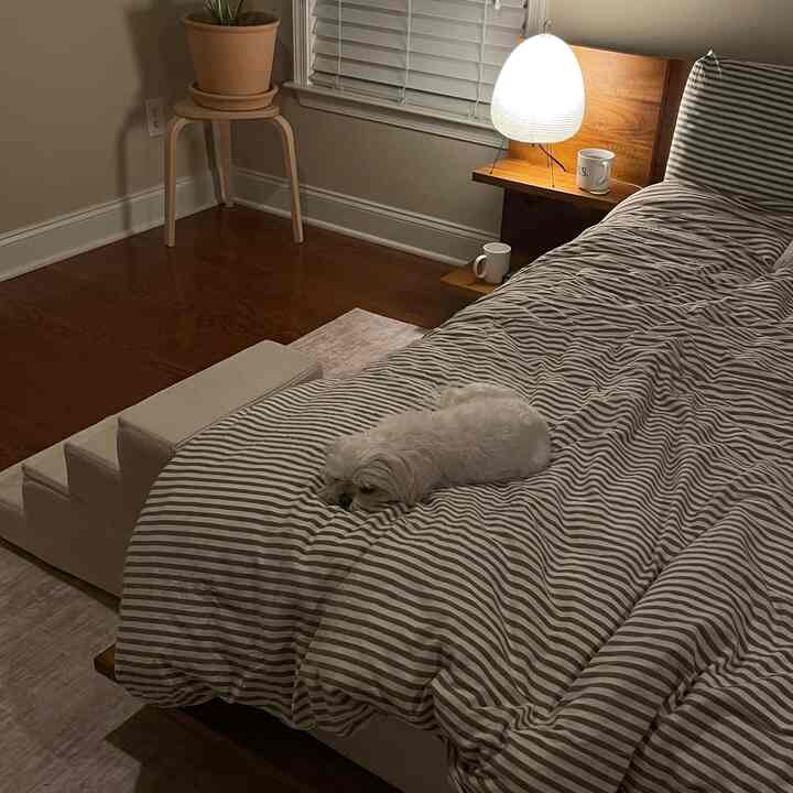Beige and white toned bedroom featuring a wooden bed frame and Akari table lamp with natural, minimal interior style