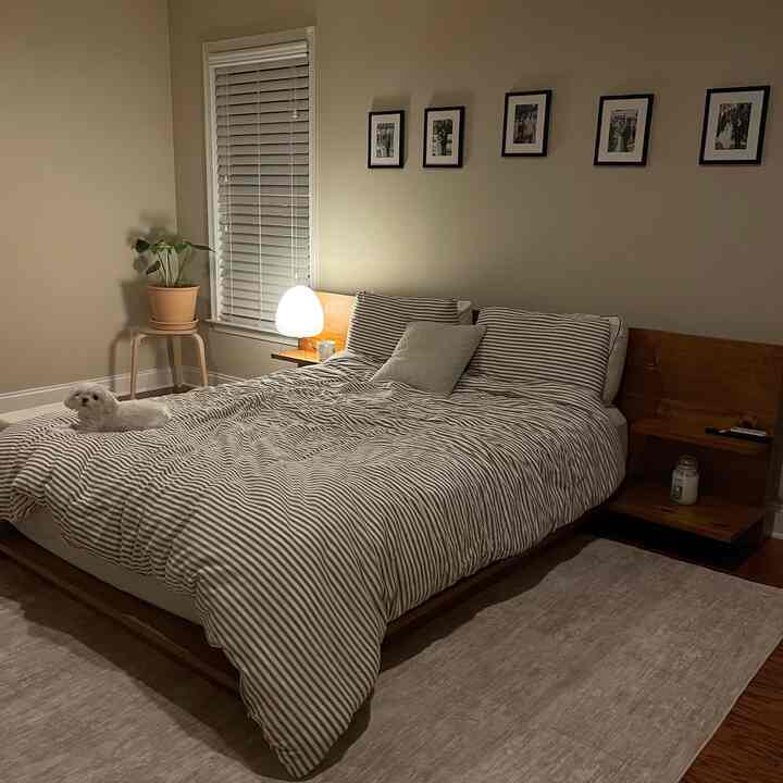 Beige-toned bedroom with wood tone furniture, featuring a dog lying on the bed