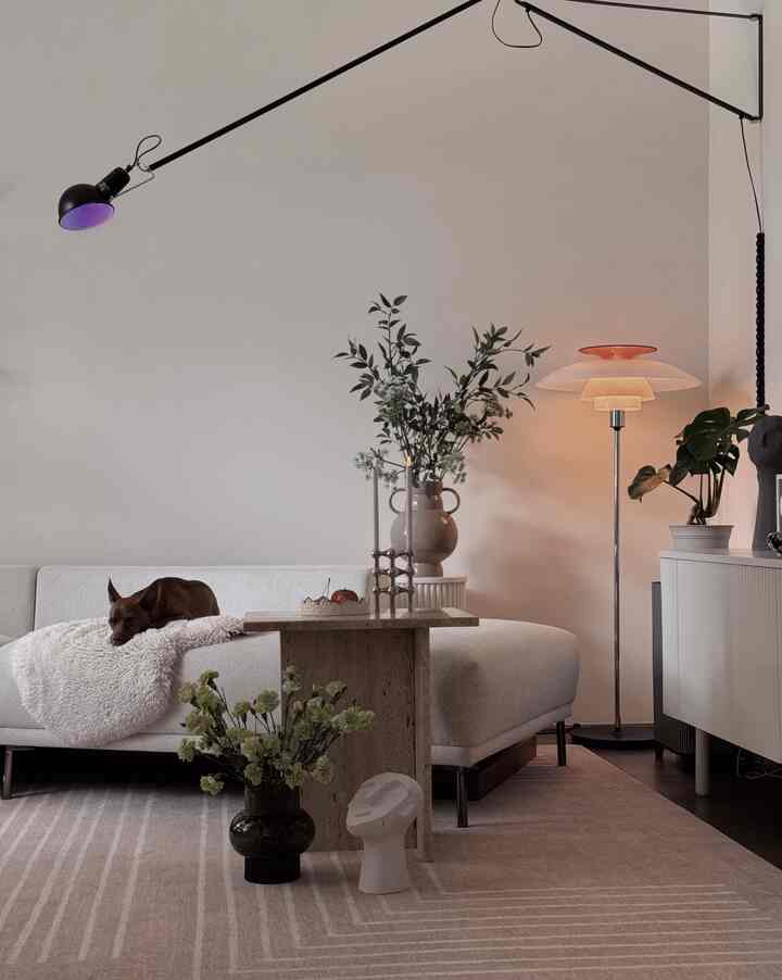 White and beige toned living room featuring a sofa, floor lamp, and plants in a cozy natural modern setting