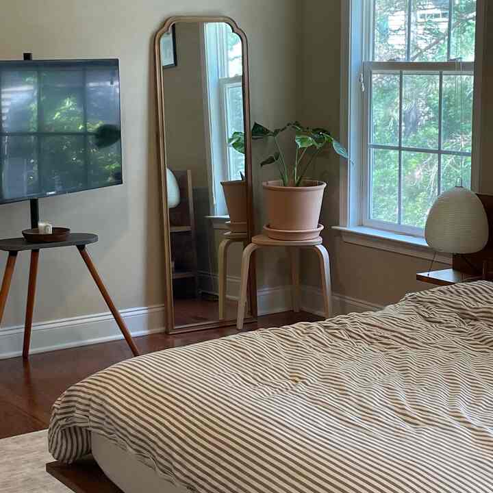 Beige wall and natural wood bedroom featuring striped bedding, large full-length mirror, and houseplant on a plant stand creating a cozy atmosphere