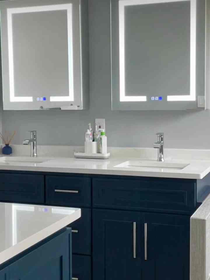 Our new bathroom with indigo vanity cabinets and fabric pattern tiles!
#bathroom #bathroomcleaning #bathroomvanity #bathroomtiles