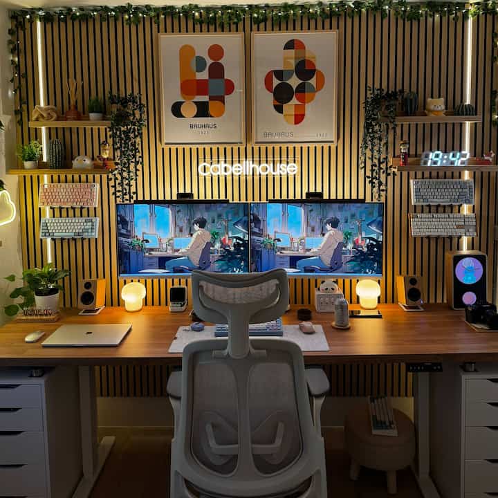 Wood tone wall with dual monitors and white office chair in a modern home office setup